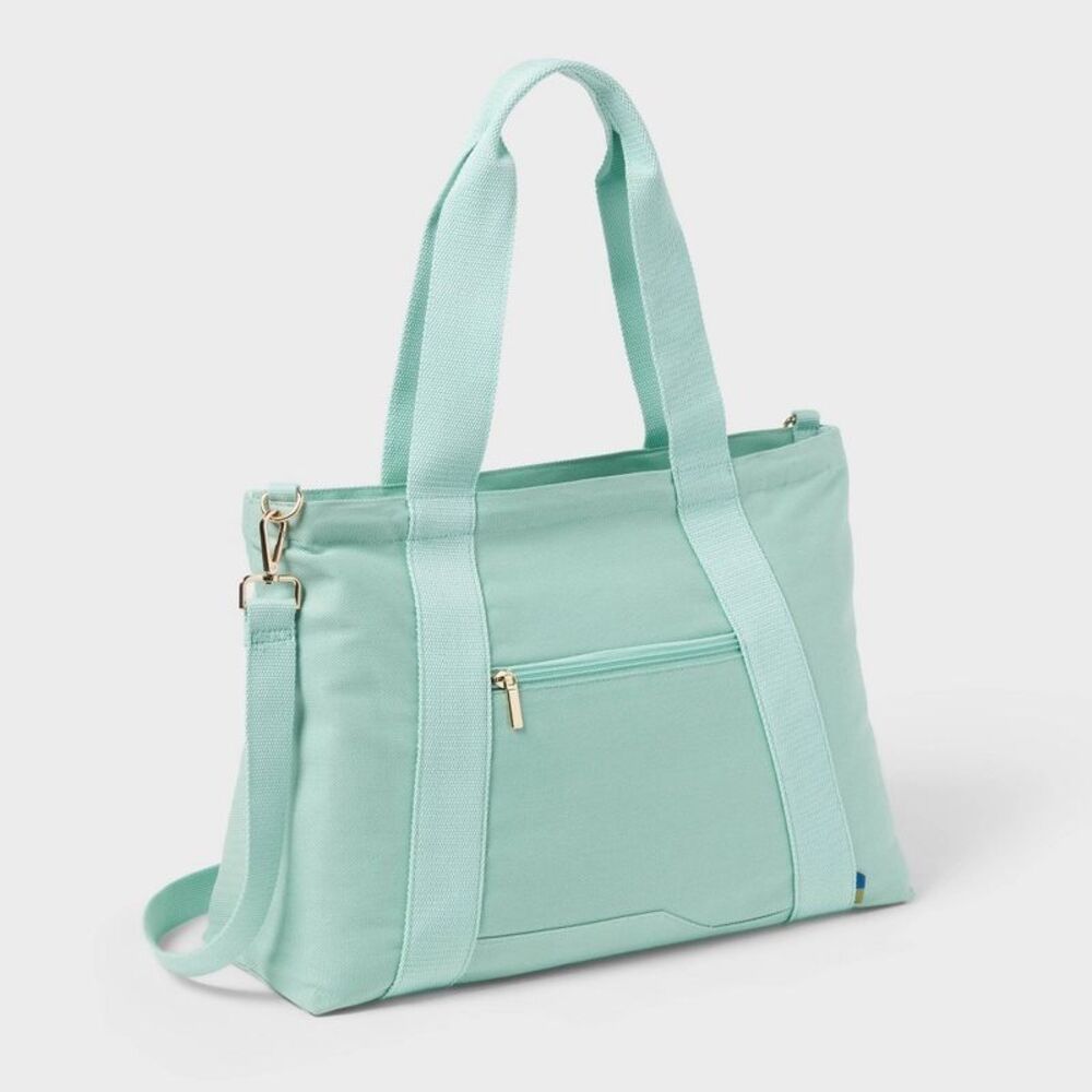 Solid Canvas School Tote Bag - Open Story Sage: RFID Blocking Laptop Compartment